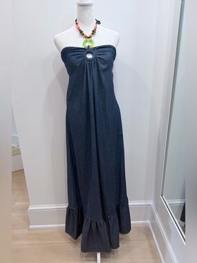Denim Strapless Maxi Dress with Keyhole Detail Necklace - Size Small